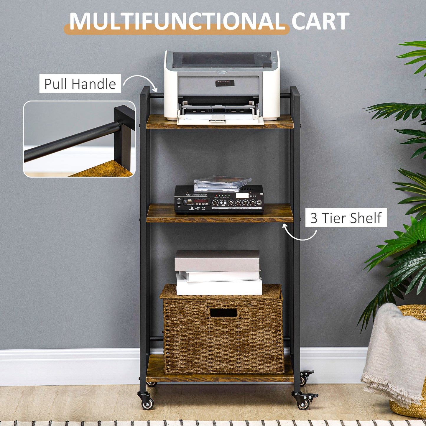 HOMCOM 3-Tier Printer Stand, Utility Cart, Rolling Trolley with Adjustable Shelves with Lockable Wheels for Home Office, Rustic Brown