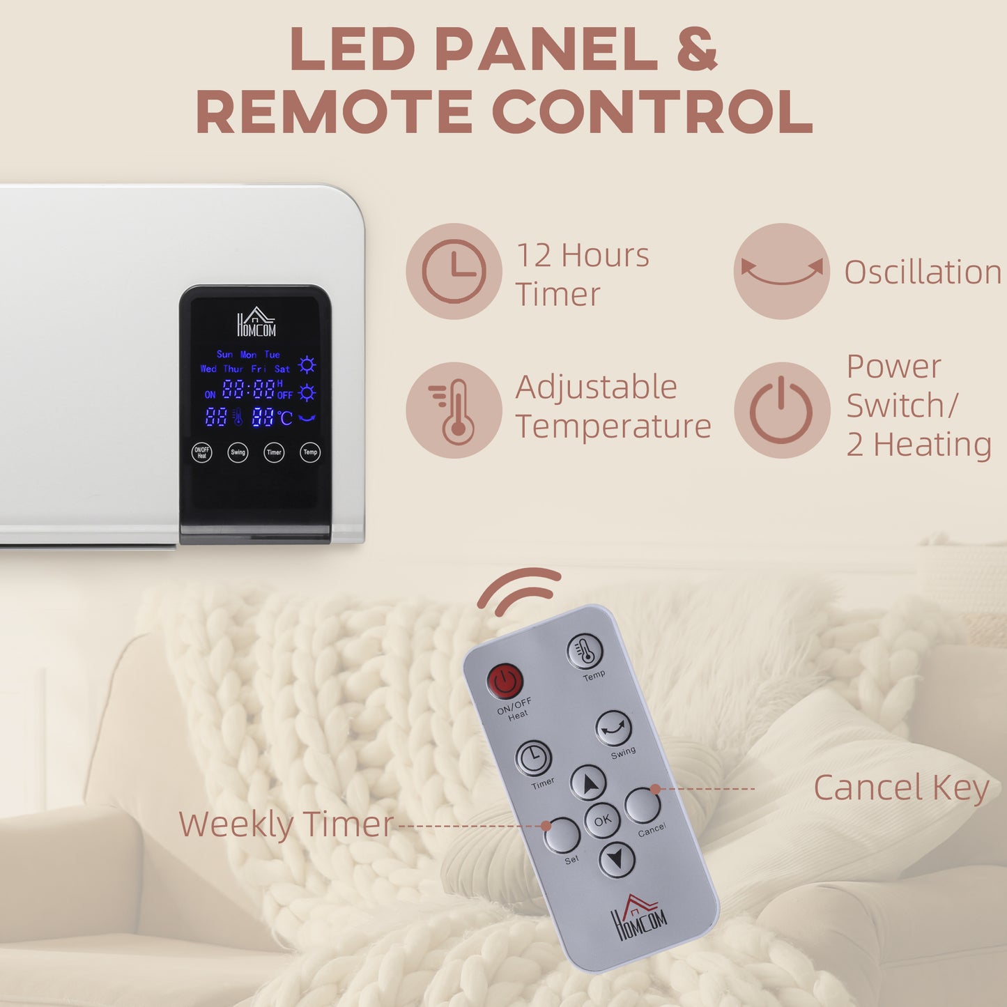 HOMCOM 2kW Wall-Mounted Heater, 18-45√Ç¬∞C Temperature - White