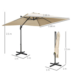 Outsunny 2.7 x 2.7 m Cantilever Parasol, Square Overhanging Umbrella with Cross Base, Crank Handle, Tilt, 360√Ç¬∞ Rotation and Aluminium Frame, Cream White