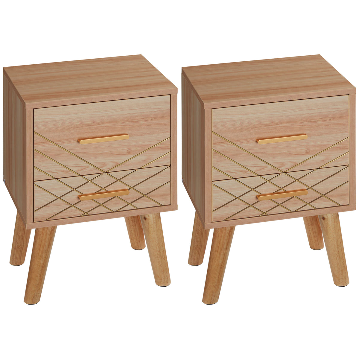 HOMCOM Bedside Cabinet, Scandinavian Bedside Table with Drawers, Bed Side Table with Wood Legs, Natural