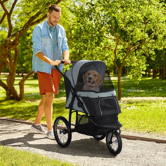 PawHut Dog Pram Dog Stroller Jogger Foldable Pet Pushchair for Medium, Small Dogs, w/ Rubber Wheels, Washable Cushion - Grey