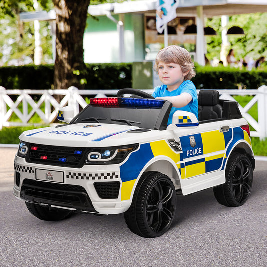 HOMCOM 12V Kids Electric Ride On Police Car 2 Motors with Parental Remote Control Siren Flashing Lights USB Portable for 3-6 Years White