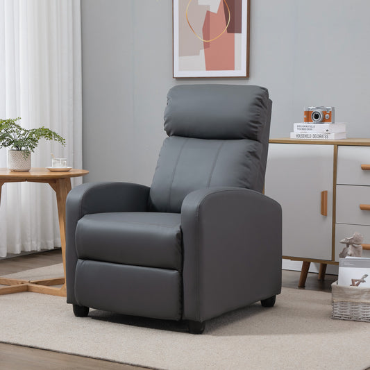 HOMCOM Recliner Armchair, Massage Faux Leather Push Back Reclining Chair with Adjustable Leg Rest, Side Pocket, for Home Living Room Theatre, Grey