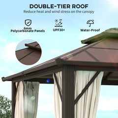 Outsunny 3 x 4m Hardtop Gazebo Canopy with UPF30+ Double Polycarbonate Roof, Aluminium Frame Garden Gazebo Permanent Pavilion with Mosquito Netting and Curtains for Patio, Deck, Beige