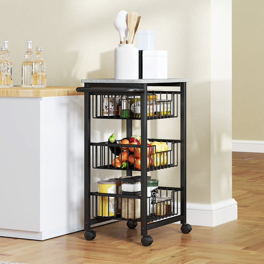 HOMCOM Three Basket Mobile Kitchen Island, with Brakes - Grey/Black