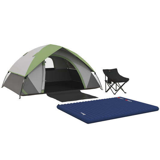 Outsunny Camping Tent with Inflatable Mattress and Camping Chair, 2-3 Person Dome Tent with Sewn-in Groundsheet, Portable 3000mm Waterproof Tent with Carry Bag and Hook, for Fishing Hiking