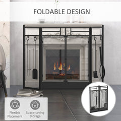 HOMCOM 3 Panel Folding Fireplace Screen with 4 Tools Set, Steel Mesh Spark Guard with Double Door for Open Fire, Log Burner, 122W x 80H cm, Black