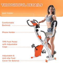 HOMCOM 2-in-1 Folding Exercise Bike with 8-Level Magnetic Resistance, Arm Resistance Band, Pulse Sensor, Orange