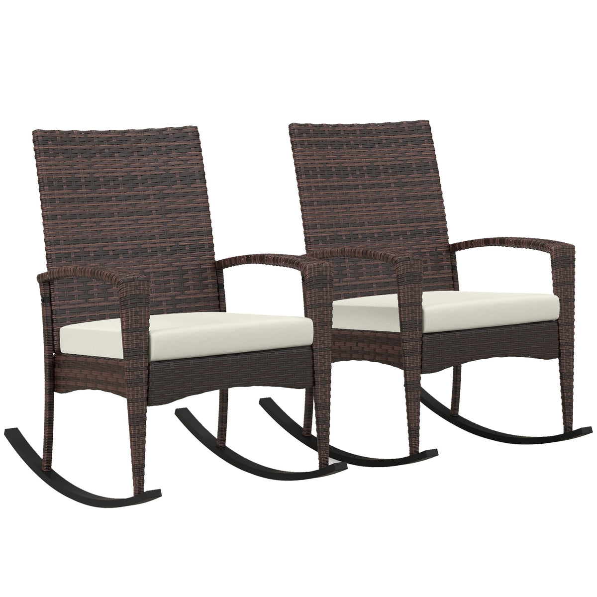 Outsunny Outdoor PE Rattan Rocking Chair Set of 2, Garden Rocking Chair Set with Armrest and Cushion, Brown