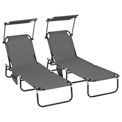 Outsunny Set of Two Folding Sun Loungers, with Adjustable Backs and Sun Canopies - Grey