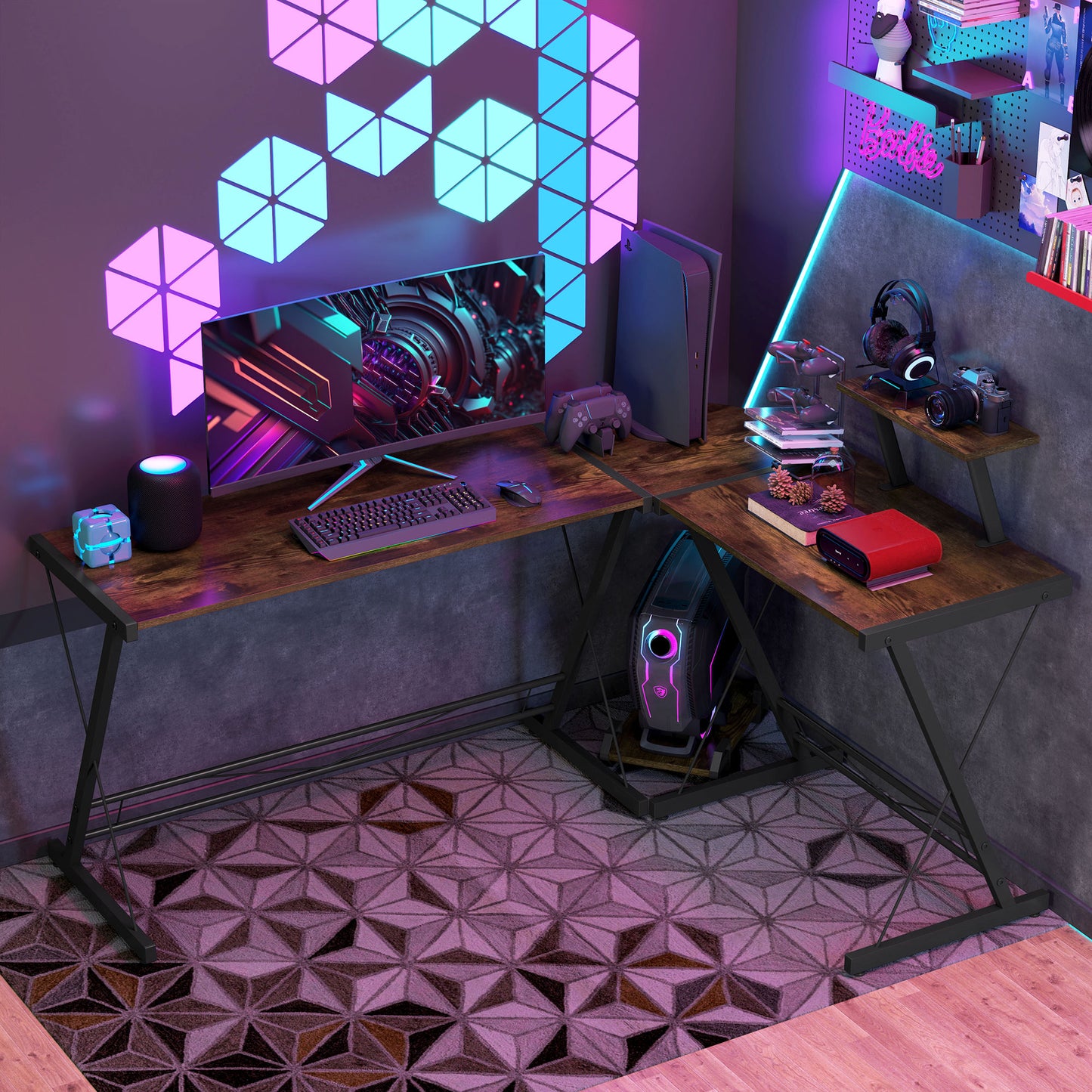 HOMCOM L Shaped Corner Desk, Gaming Desk, Computer Table with Monitor Stand and CPU Stand, Study Workstation for Home Office, 155 x 115 x 91.5cm, Rustic Brown and Black