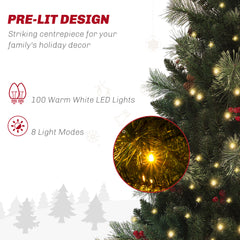 HOMCOM 1.2m/4ft Artificial Christmas Tree with 100 Warm White LED Lights and 8 Modes, Small Xmas Tree with Red Berries, Pine Cones and Retro Base, Green