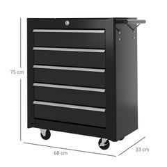 HOMCOM 5-Drawer Tool Chest with Wheels, Steel Lockable Tool Storage Cabinet with Handle, 2 Keys for Garage, Workshop, Black