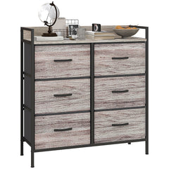 HOMCOM Rustic Chest of Six Fabric Drawers - Grey Wood Effect