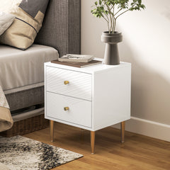 HOMCOM Elegant Two-Drawer Bedside Table - White/Gold-Tone