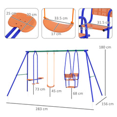 Outsunny Three-In-One Kids Metal Swing Set with Swing, Glider, Rocking Chair Swing, for Ages 3+ years - Orange and Blue