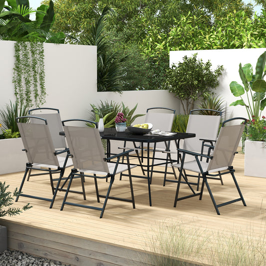 Outsunny Seven-Piece Garden Dining Set, with Glass-Top Table and Folding Chairs - Grey