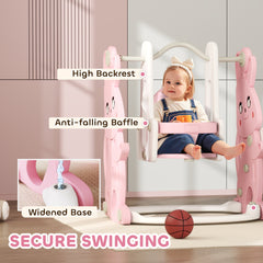 AIYAPLAY 4 in 1 Kids Slide and Swing Set with Climber, Basketball Hoop, Rabbit-Themed, Pink