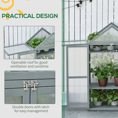 Outsunny Garden Cold Frame Polycarbonate Greenhouse with Adjustable Shelves, Double Doors, Openable Top Covers, Grow House for Flower Vegetable Plants, 80 x 47 x 138cm, Grey