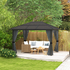 Outsunny 3 x 3.6m Hardtop Gazebo Canopy with Polycarbonate Roof, Aluminium Frame, Permanent Pavilion Garden Gazebo with Netting and Curtains for Patio, Deck, Dark Grey