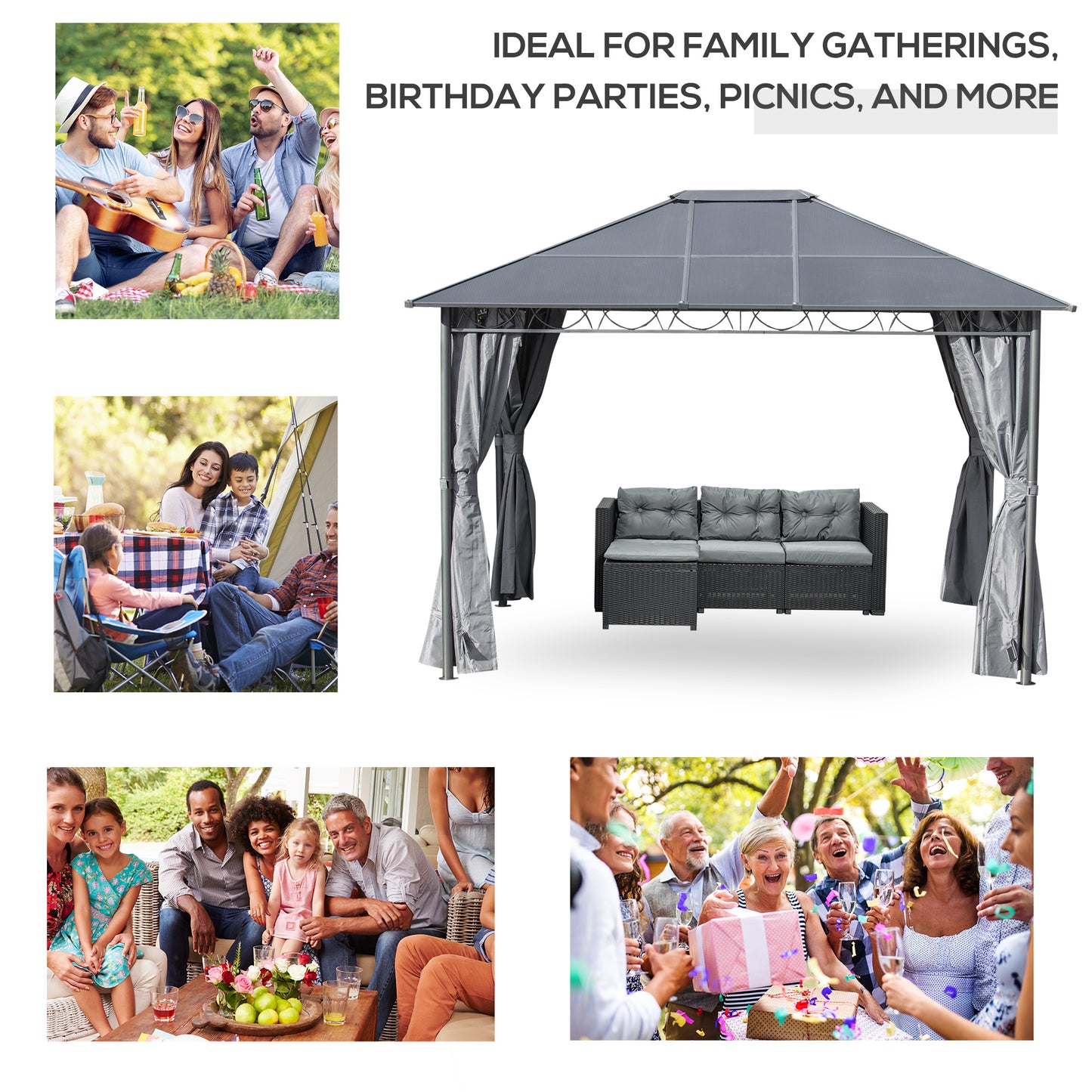 Outsunny 3 x 3.6m Hardtop Gazebo Canopy with Polycarbonate Roof, Permanent Pavilion Garden Gazebo with Curtains for Patio, Deck, Grey