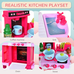 HOMCOM 38 Pcs Kids Children Kitchen Play Set w/ Realistic Sounds Lights Food Utensils Pots Pans Appliances Toy Game Pink