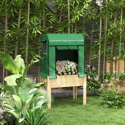 Outsunny Wooden Planter Box with PE Greenhouse Cover and Bed Liner, Raised Garden Bed for Vegetables, Flowers, Herbs