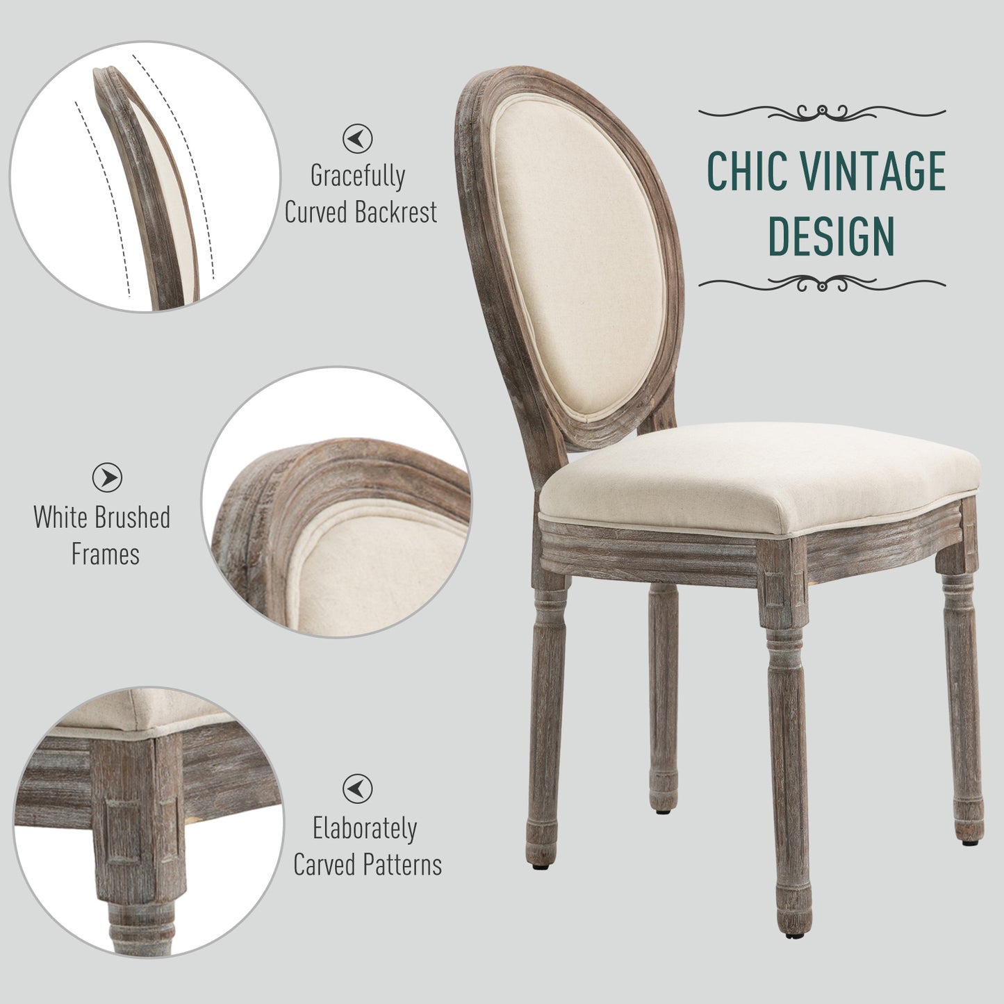 HOMCOM Dining Chairs Set of 2, French-Style Upholstered Kitchen Chairs with Padded Seats, Wood Frame and Round Back, Cream White