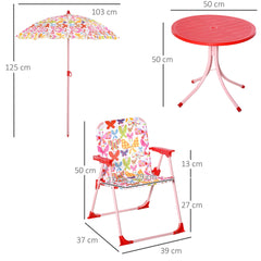 Outsunny Kids Outdoor Bistro Table and Chair Set Butterfly Pattern Garden Patio Backyard with Removable & Height Adjustable Parasol