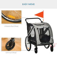 PawHut 2-In-1 Pet Bike Trailer Dog Stroller Pushchair with Universal Wheel Reflector Flag Grey