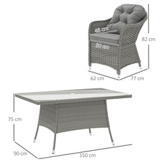 Outsunny 6 Seater Rattan Dining Set with Seat and Back Cushions, PE Rattan Garden Furniture Set, Outdoor Dining Table and Chairs, Rectangular Glass Top Table with Umbrella Hole, Light Grey