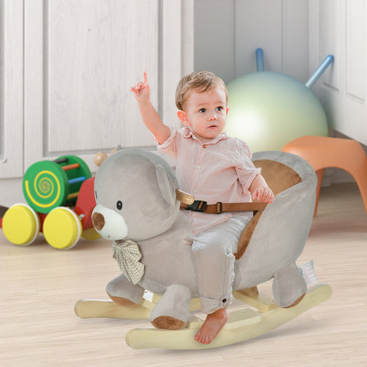 HOMCOM Kids Children Rocking Horse Plush Ride On Bear Seat w/ Sound Wood Base Seat Safety Belt Toddler Baby Toy for 18-36 Months Grey