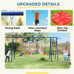 AIYAPLAY 6 in 1 Metal Kids Swing Set with 3 Swings, Climbing Ladder & Net, Basketball Hoop, for Ages 3-8