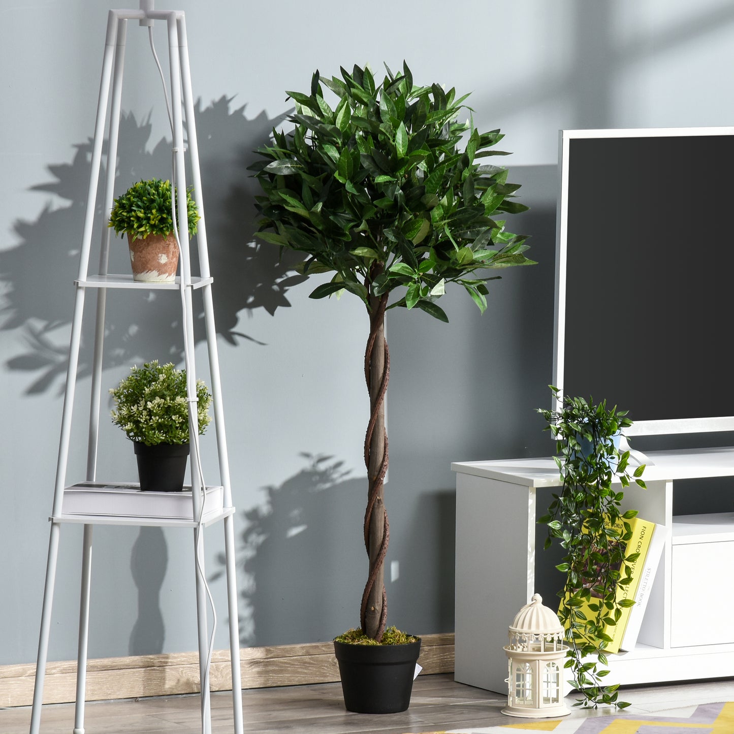 Outsunny Artificial Bay Laurel Topiary Trees w/ Pot Fake, Set Of 2 120cm/4FT Indoor Greenery Plant Home Office Garden Decor Green