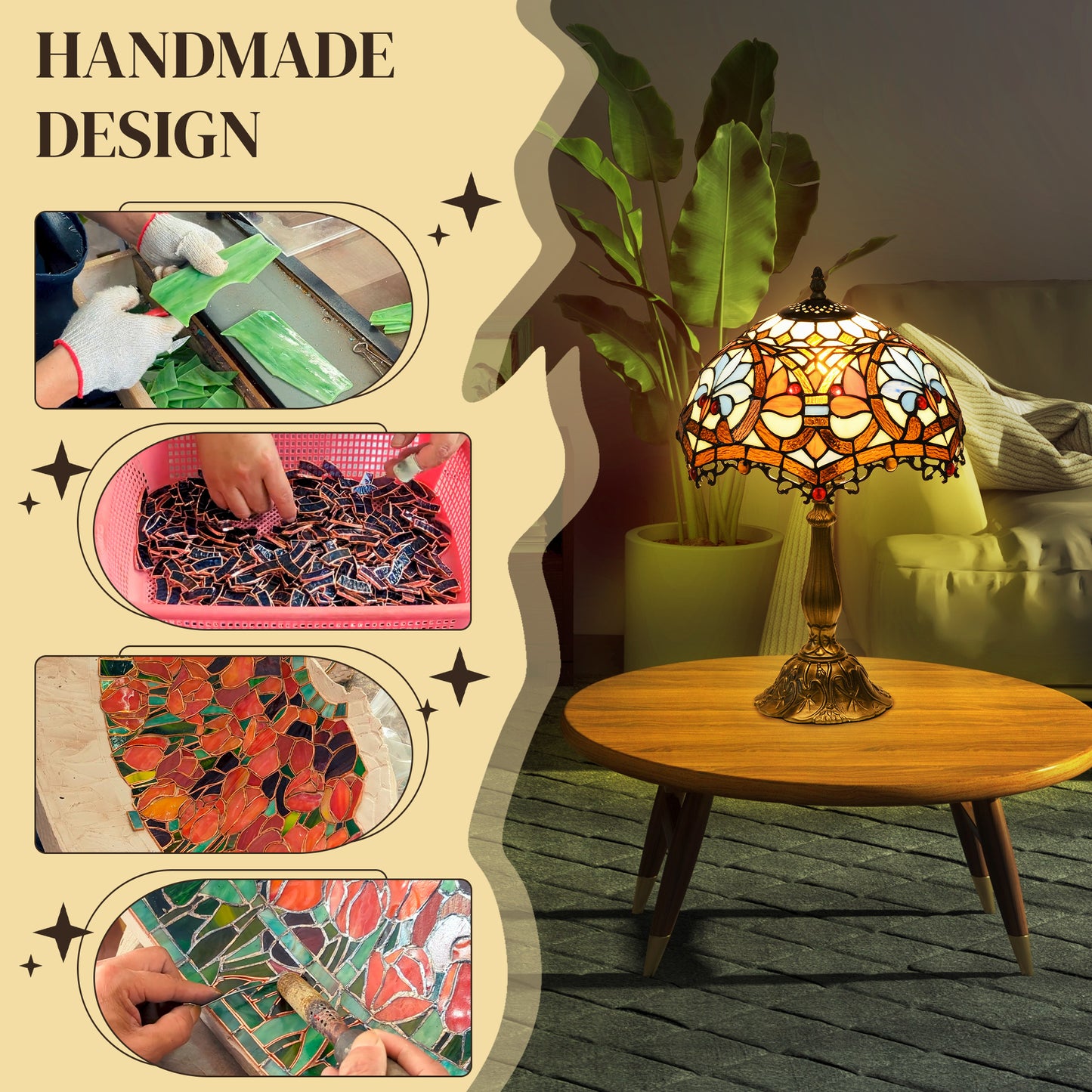 HOMCOM Stained Glass Table Lamp, Handcrafted Artisan Collectible, Suitable for Living Room and Bedside, Multi-Coloured, √ê¬§31 x 48Hcm, Zinc Alloy.