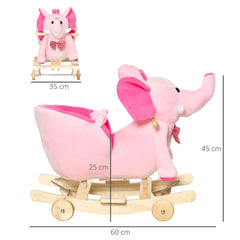 HOMCOM 2 In 1 Plush Baby Ride on Rocking Horse Elephant Rocker with Wheels Wooden Toy for Kids 32 Songs for 18+ Months (Pink)