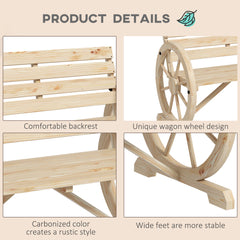 Outsunny Wagon Wheel Chair Bench Armrest Rustic Loveseat Wood Outdoor Garden, Natural