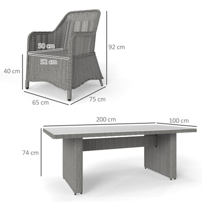 Outsunny 6 Seater Rattan Dining Set, Round PE Rattan Garden Furniture Set with Seat and Back Cushions, Aluminium Outdoor Dining Table and Chairs with 6 Armchairs, Rectangular Glass Top Table, Grey