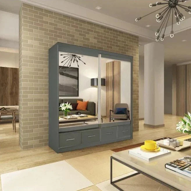 Newry Black Sliding Door Mirrored Wardrobe with Drawers - 150cm and 200cm