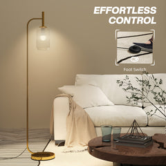 HOMCOM Floor Lamp for Living Room with Glass Lampshade, Modern Standing Lamp with Foot Switch for Bedroom, Bulb not Included, Gold Tone