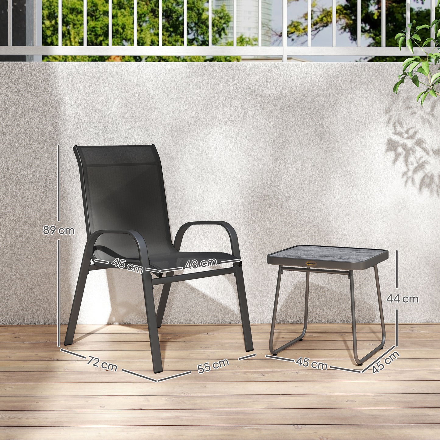 Outsunny 3 Pieces Outdoor Bistro Set, Patio Stackable Armchairs with Breathable Mesh Fabric and SPC Board Coffee Table, Black