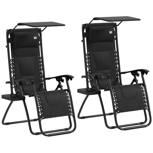 Outsunny Zero Gravity Lounger Chair Set of 2, Folding Reclining Patio Chair with Shade Cover, Padded Seat, Cup Holder, Soft Cushion and Headrest for Poolside, Camping, Black