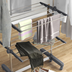 HOMCOM Four-Shelf Collapsing Clothes Horse, With Side Arms and Wheels - Grey