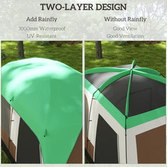 Outsunny Six-Man Camping Tent, with Small Rainfly and Accessories - Green