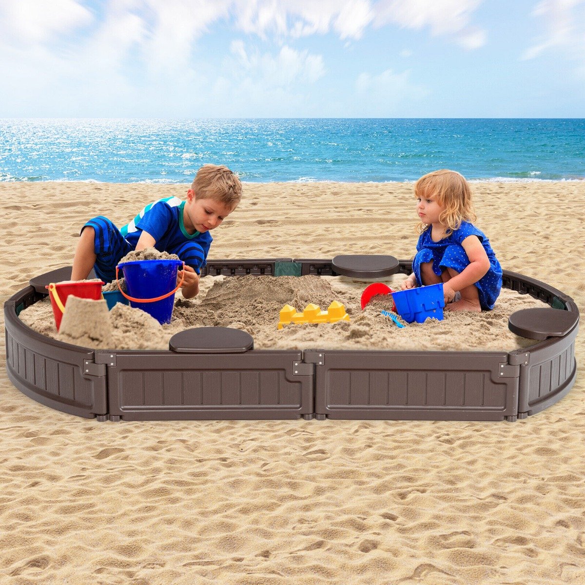 6 Feet Elliptic Sandbox with Waterproof Cover Bottom Liner-Brown