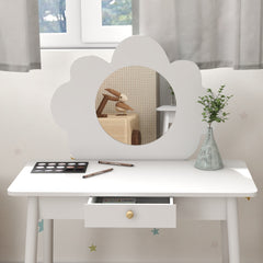 AIYAPLAY Kids Dressing Table with Mirror, Stool, Drawer, Cloud Design, White