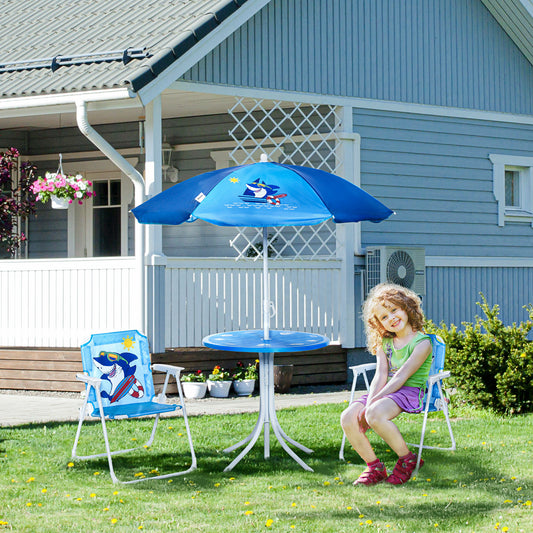 Outsunny Kids Outdoor Bistro Table and Chair Set, Folding Garden Furniture w/ Shark Design, Removable, Adjustable Sun Umbrella, Ages 3-6 Years - Blue