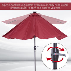 Outsunny â2.7m Garden 24 LED Light Parasol Solar Outdoor Tilt Sun Umbrella Patio Club Party Event Manual Sun Shade w/ Hand Crank and 8 Ribs, Red