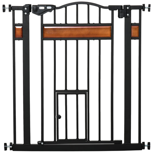 PawHut Pet Gate Safety Gate, with Cat Flap, Auto Close, for Staircases, Doorways, Hallways, 74-80cm Wide - Black