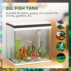 PawHut 26L Glass Fish Tank with Filter System, LED Lights, Water Pump, White